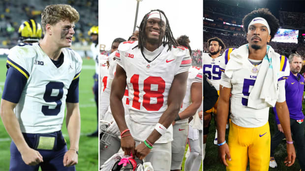 JJ McCarthy flexes his arms;
                                                                                 Marvin Harrison Jr. smiles; Jayden
                                                                                 Daniels walks off the field